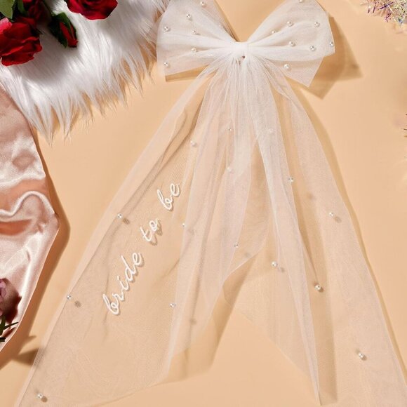🆕Women White Tulle Pearl 2 Tier Bow Veil Engagement Hair Accessory - Picture 5 of 7